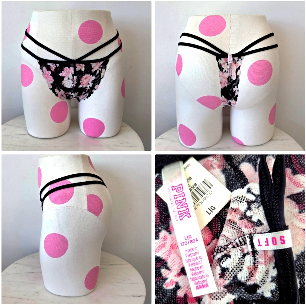 Victoria's Secret PINK Strappy String Thong Panty NWT VTG Dual Strap Lace Floral